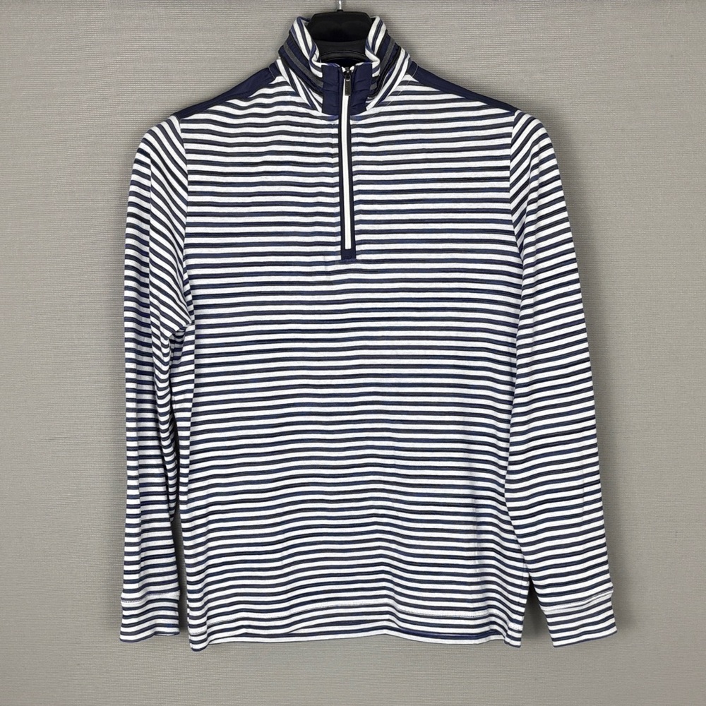 Bugatchi Men’s Navy and White Striped Zip-Up Sweater